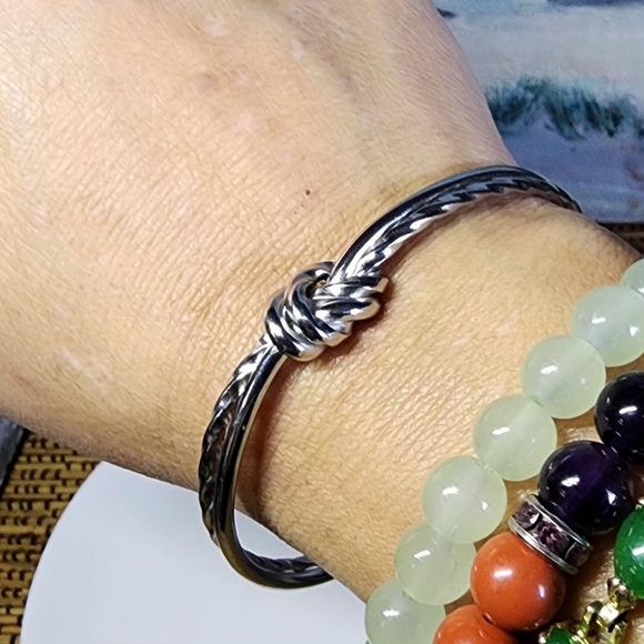 Silver Stainless Steel Knot Open Cuff Bangle Bracelet - Picture 5 of 6